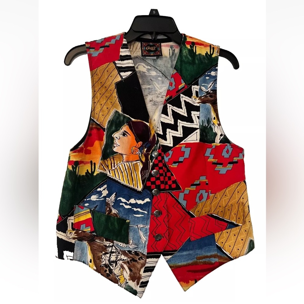 Rare Vintage Circle T Western Wear Vest Size S Aztec Navajo  Buttons Horse EUC